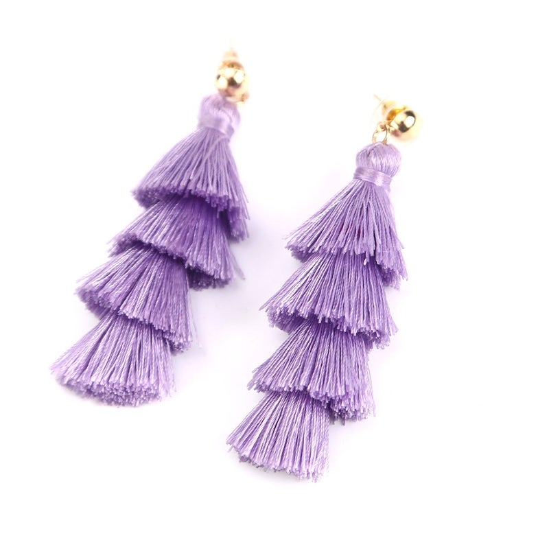BaubleStar Fashion Tassel Dangle Earrings for Women Layered Long Bonita Tiered Lavender Purple Thread Tassel Drop Statement Jewelry - Image 3